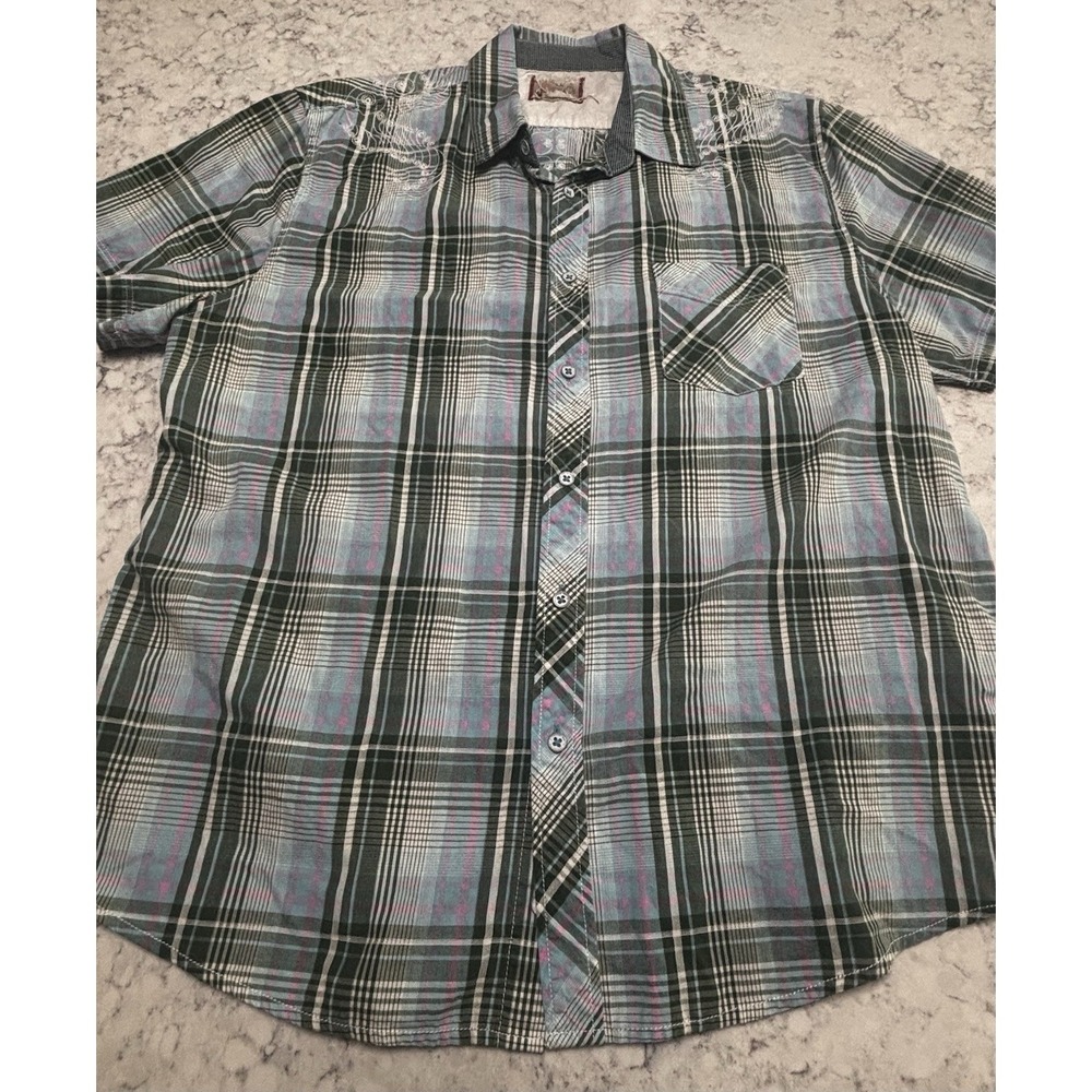Mark Ecko Men's XL Plaid Button Up Blue Green Pink Short Sleeve Embroidered